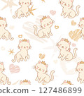 Seamless Pattern of Cute Princess Cat Wearing Crown with pastel-colored hearts, stars, moons. 127486899