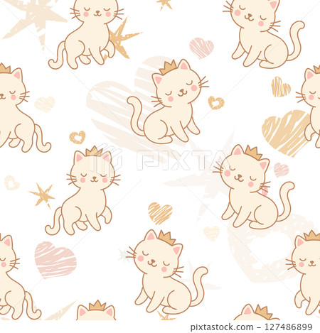 Seamless Pattern of Cute Princess Cat Wearing Crown with pastel-colored hearts, stars, moons. Seamless Pattern of Cute Princess Cat Wearing Crown with pastel-colored hearts, stars, moons. 127486899