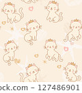 Cute Princess Cat Wearing Crown with pastel-colored hearts, stars, moons, on beige Background. Seamless Pattern 127486901