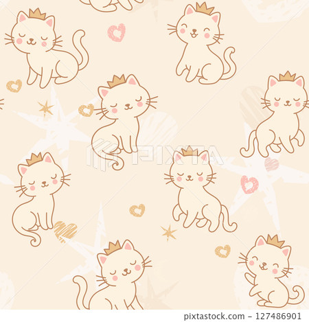 Cute Princess Cat Wearing Crown with pastel-colored hearts, stars, moons, on beige Background. Seamless Pattern 127486901