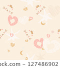 Boho seamless pattern pastel-colored hearts, stars, moons, and abstract scribble elements 127486902
