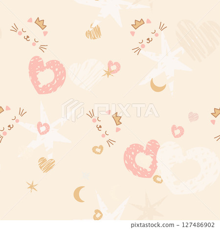Boho seamless pattern pastel-colored hearts, stars, moons, and abstract scribble elements 127486902