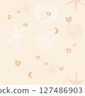Boho seamless pattern pastel-colored hearts, stars, moons, and abstract scribble elements 127486903