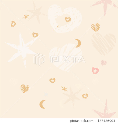 Boho seamless pattern pastel-colored hearts, stars, moons, and abstract scribble elements 127486903