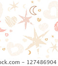 seamless pattern pastel-colored hearts, stars, moons, and abstract scribble elements 127486904