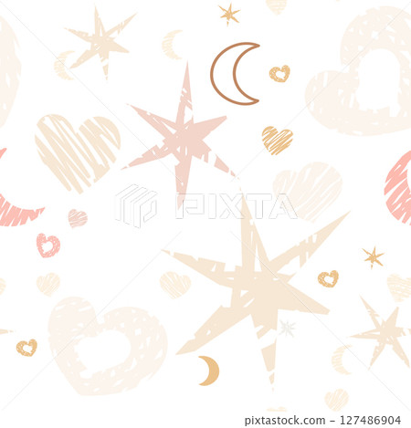 seamless pattern pastel-colored hearts, stars, moons, and abstract scribble elements 127486904
