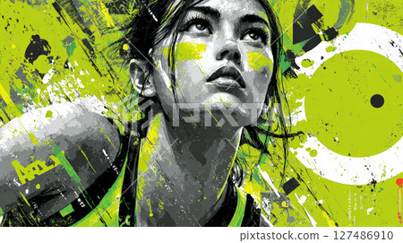 A high-resolution graphic design poster showcasing a powerful young female volleyball player in a dynamic action pose. Generative AI A high-resolution graphic design poster showcasing a powerful young female volleyball player in a dynamic action pose. Generative AI 127486910