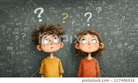 A thoughtful and emotive illustration showing a dyslexic boy struggling to learn Hindi Barakhadi, guided patiently by his teen sister.  Generative AI 127486916
