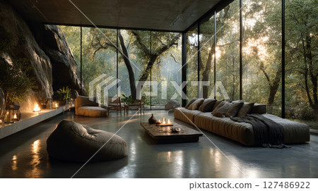 Minimalist Open-Plan Living Room with Forest View. Generative AI 127486922