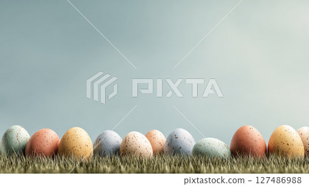 Vibrant Easter Eggs in Lush Grass with Pastel Gradient. Generative AI 127486988