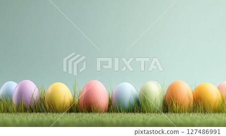 Vibrant Easter Eggs in Lush Grass with Pastel Gradient. Generative AI 127486991