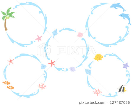 Sea motif and wave circular ring frame illustration set Sea motif and wave circular ring frame illustration set 127487036