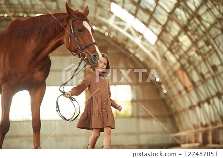Walking together. Cute little girl is with horse indoors Walking together. Cute little girl is with horse indoors 127487051