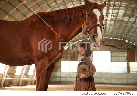Side view. Cute little girl is with horse indoors 127487063