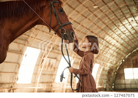 Side view. Cute little girl is with horse indoors 127487075