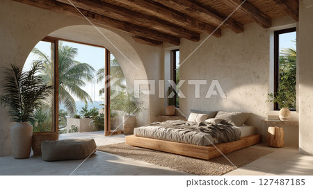 Serene Tropical Bedroom with Balinese Minimalism. Generative AI Serene Tropical Bedroom with Balinese Minimalism. Generative AI 127487185
