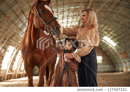 Woman with her little daughter is with horse indoors 127487281