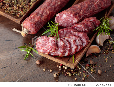 Sliced smoked sausage with herbs and spices. Sliced smoked sausage with herbs and spices. 127487633