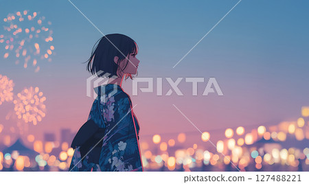 Cute girl in yukata watching fireworks 127488221