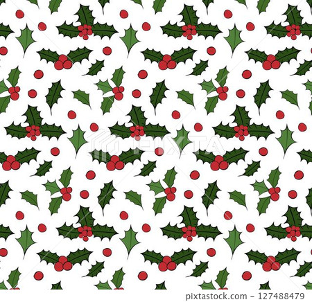 Omela holly branch Seamless pattern. Vector graphic line ink illustration. Cristmas Simplicity design. design for fashion graphics, textile prints, fabrics, wallpapers. 127488479