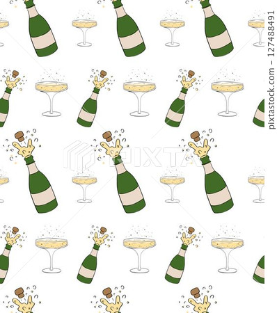 Glasses of champagne bottles and sparklers Seamless pattern. Vector graphic line ink illustration. holiday print in sketch style illustration for package, holiday design, fabric and textile. 127488491