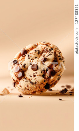 Delicious chocolate chip cookie with melted chocolate pieces, resting on a soft surface, showcasing a tempting dessert experience for food lovers 127488531