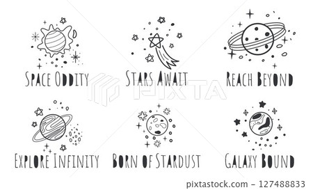 Set of simple illustrations with space themed lettering Set of simple illustrations with space themed lettering 127488833