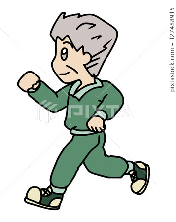 Color illustration of a healthy senior man jogging energetically 127488915