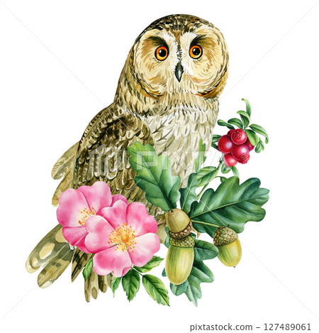 Wild owl with oak leaves acorns pink rosehip watercolor illustration for autumn forest decor rustic woodland art and stationery 127489061