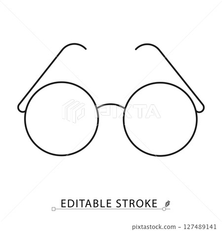 Glasses icon in minimal line style with editable stroke. Eyewear accessory, round spectacles, optical vision tool, reading glasses concept, fashion symbol, education element, intellectual visual. Glasses icon in minimal line style with editable stroke. Eyewear accessory, round spectacles, optical vision tool, reading glasses concept, fashion symbol, education element, intellectual visual. 127489141
