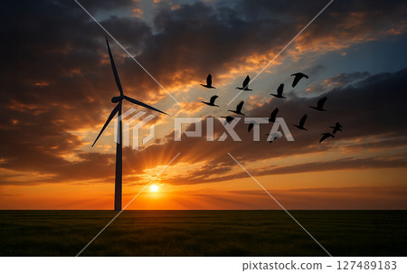 日落和風力渦輪機 127489183
