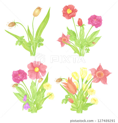 Hand drawn watercolor set of wildflower bouquets. Flower of the field isolated on white background. Can be used for postcard, label, scrapbook and other printed products. 127489291
