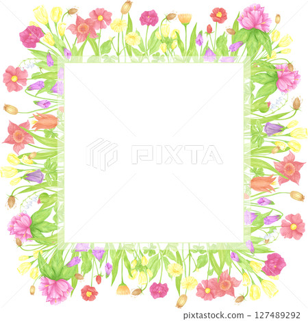 Hand drawn watercolor wildflowers and leaves frame border. Flower of the field isolated on white background. Can be used for postcard, label, scrapbook and other printed products. 127489292