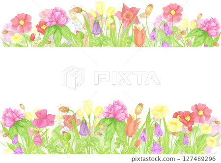 Hand drawn watercolor wildflowers and leaves frame border. Flower of the field isolated on white background. Can be used for business card, label, scrapbook and other printed products. 127489296