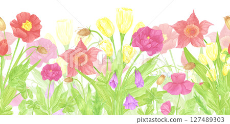 Hand drawn watercolor wildflowers and leaves seamless frame border. Flower of the field isolated on white background. Can be used for textile, fabric, scrapbook and other printed products. 127489303