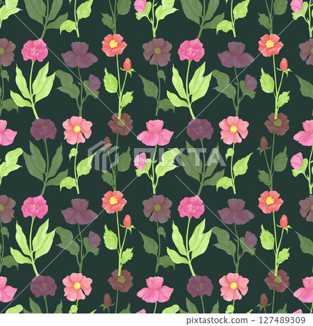 Hand drawn watercolor poppy anemone wildflowers seamless pattern. Flower of the field isolated on dark background. Can be used for textile, fabric, scrapbook and other printed products. Hand drawn watercolor poppy anemone wildflowers seamless pattern. Flower of the field isolated on dark background. Can be used for textile, fabric, scrapbook and other printed products. 127489309