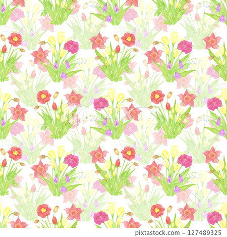 Hand drawn watercolor wildflowers bouquets seamless pattern. Flower of the field isolated on white background. Can be used for textile, fabric, scrapbook and other printed products. 127489325