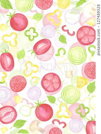 Hand drawn watercolor vegetables poster. Illustration of cut tomatoes pepper onion isolated on white background. Can be used for label, card, scrapbook and other printed products. Hand drawn watercolor vegetables poster. Illustration of cut tomatoes pepper onion isolated on white background. Can be used for label, card, scrapbook and other printed products. 127489328