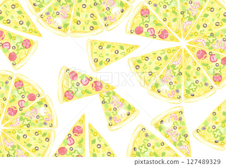 Hand drawn watercolor pizza slices postcard. Illustration of cut tomato olive pepper isolated on white background. Can be used for label, card, scrapbook and other printed products. Hand drawn watercolor pizza slices postcard. Illustration of cut tomato olive pepper isolated on white background. Can be used for label, card, scrapbook and other printed products. 127489329