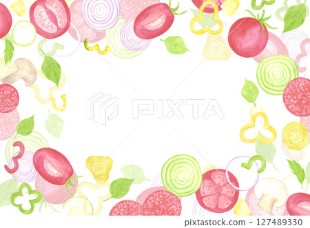 Hand drawn watercolor vegetables frame border. Illustration of cut tomatoes pepper onion isolated on white background. Can be used for label, card, scrapbook and other printed products. Hand drawn watercolor vegetables frame border. Illustration of cut tomatoes pepper onion isolated on white background. Can be used for label, card, scrapbook and other printed products. 127489330