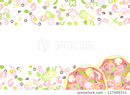 Hand drawn watercolor pizza frame border. Illustration of cut prawn olive basil isolated on white background. Can be used for label, card, scrapbook and other printed products. Hand drawn watercolor pizza frame border. Illustration of cut prawn olive basil isolated on white background. Can be used for label, card, scrapbook and other printed products. 127489331