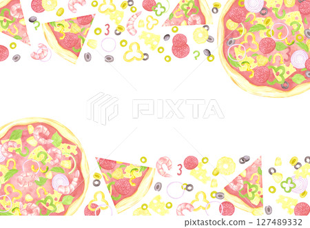 Hand drawn watercolor pizza with slices frame border. Illustration of cut prawn olive sausage pepper isolated on white background. Can be used for label, card, scrapbook and other printed products. Hand drawn watercolor pizza with slices frame border. Illustration of cut prawn olive sausage pepper isolated on white background. Can be used for label, card, scrapbook and other printed products. 127489332
