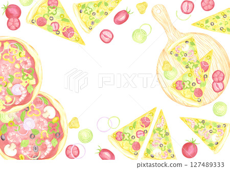 Hand drawn watercolor pizza with slices frame border. Illustration of cut tomato onion pickle isolated on white background. Can be used for label, card, scrapbook and other printed products. Hand drawn watercolor pizza with slices frame border. Illustration of cut tomato onion pickle isolated on white background. Can be used for label, card, scrapbook and other printed products. 127489333