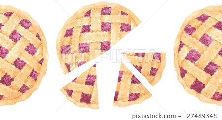 Hand drawn watercolor cut berry pie seamless border. Illustration of food isolated on white background. Can be used for textile, fabric, scrapbook and other printed products. 127489348