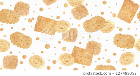 Hand drawn watercolor biscuits with confetti seamless border isolated on white background. Can be used for textile, fabric, scrapbook and other printed products. Hand drawn watercolor biscuits with confetti seamless border isolated on white background. Can be used for textile, fabric, scrapbook and other printed products. 127489352