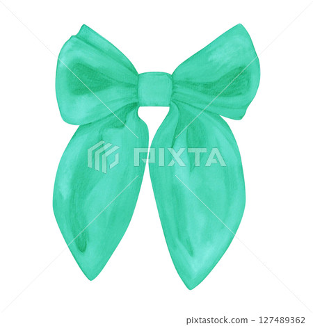 Hand drawn watercolor emerald colored bow isolated on white background. Can be used for cards, label and other printed products. Hand drawn watercolor emerald colored bow isolated on white background. Can be used for cards, label and other printed products. 127489362