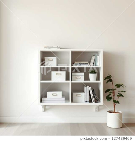 A minimalist room with shelves and boxes on white walls and potted plants 127489469