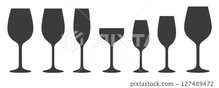 Set of different wine glasses icon symbols. Vector illustration image. Wine glass silhouette shape sign. Isolated on white background. Set of different wine glasses icon symbols. Vector illustration image. Wine glass silhouette shape sign. Isolated on white background. 127489472