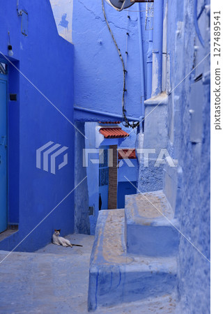 Streets and houses of Chefchaouen, Morocco painted in blue, medieval Unesco heritage Streets and houses of Chefchaouen, Morocco painted in blue, medieval Unesco heritage 127489541