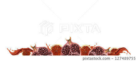 Watercolor border with red orange, granate and splash. Isolated in white. Hand-drawn illustration 127489755